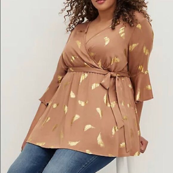 TORRID‎ SURPLICE BLOUSE - STRETCH CHALLIS FEATHERS BROWN - Picture 7 of 7